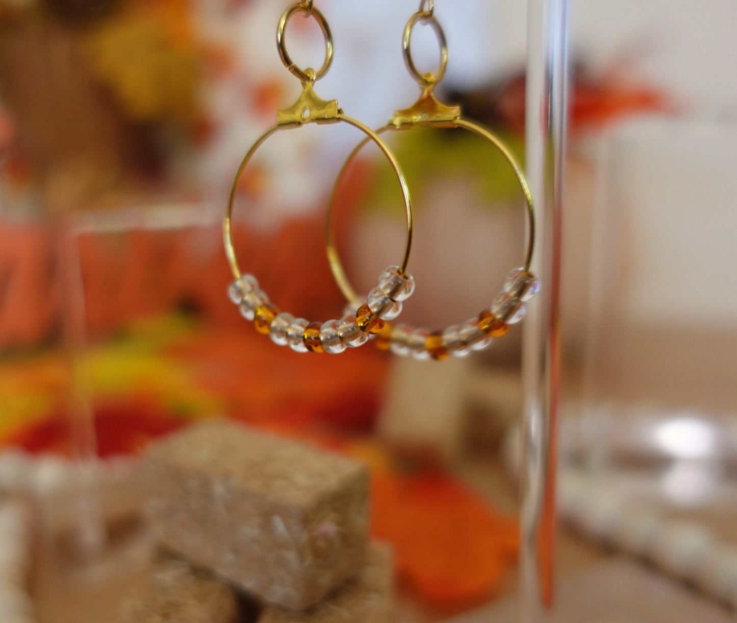 Beaded Mini Hoops - Brown + Clear