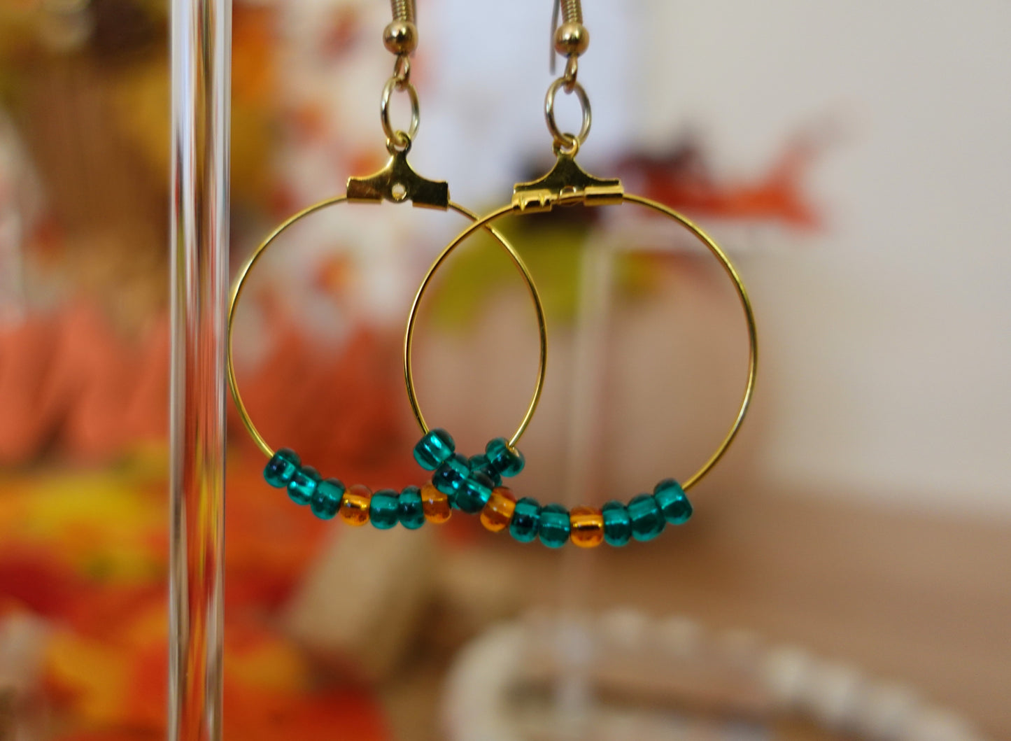 Beaded Mini Hoops - Turquoise + Orange