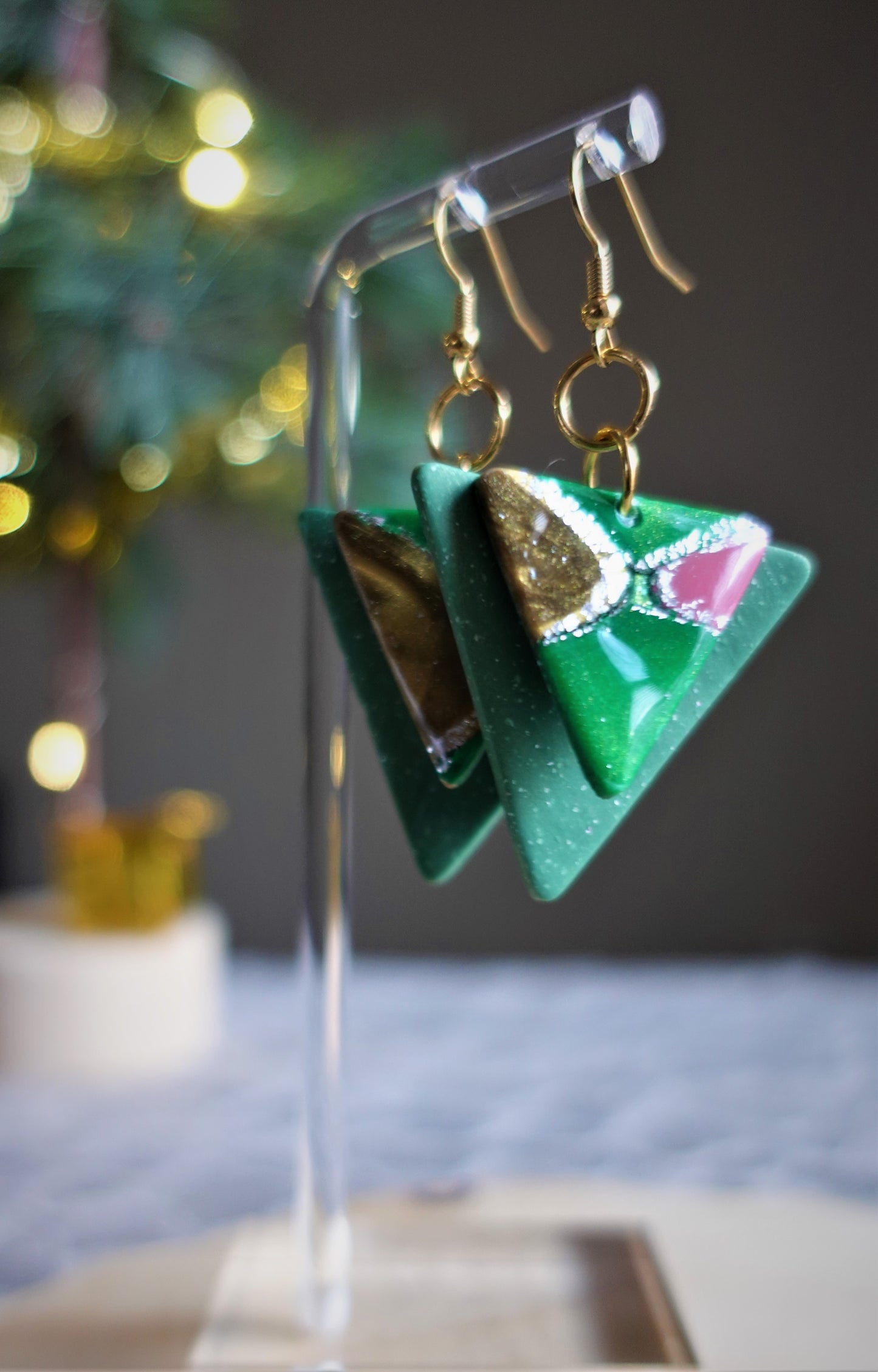 pink, green and brown triangle marbled earrings