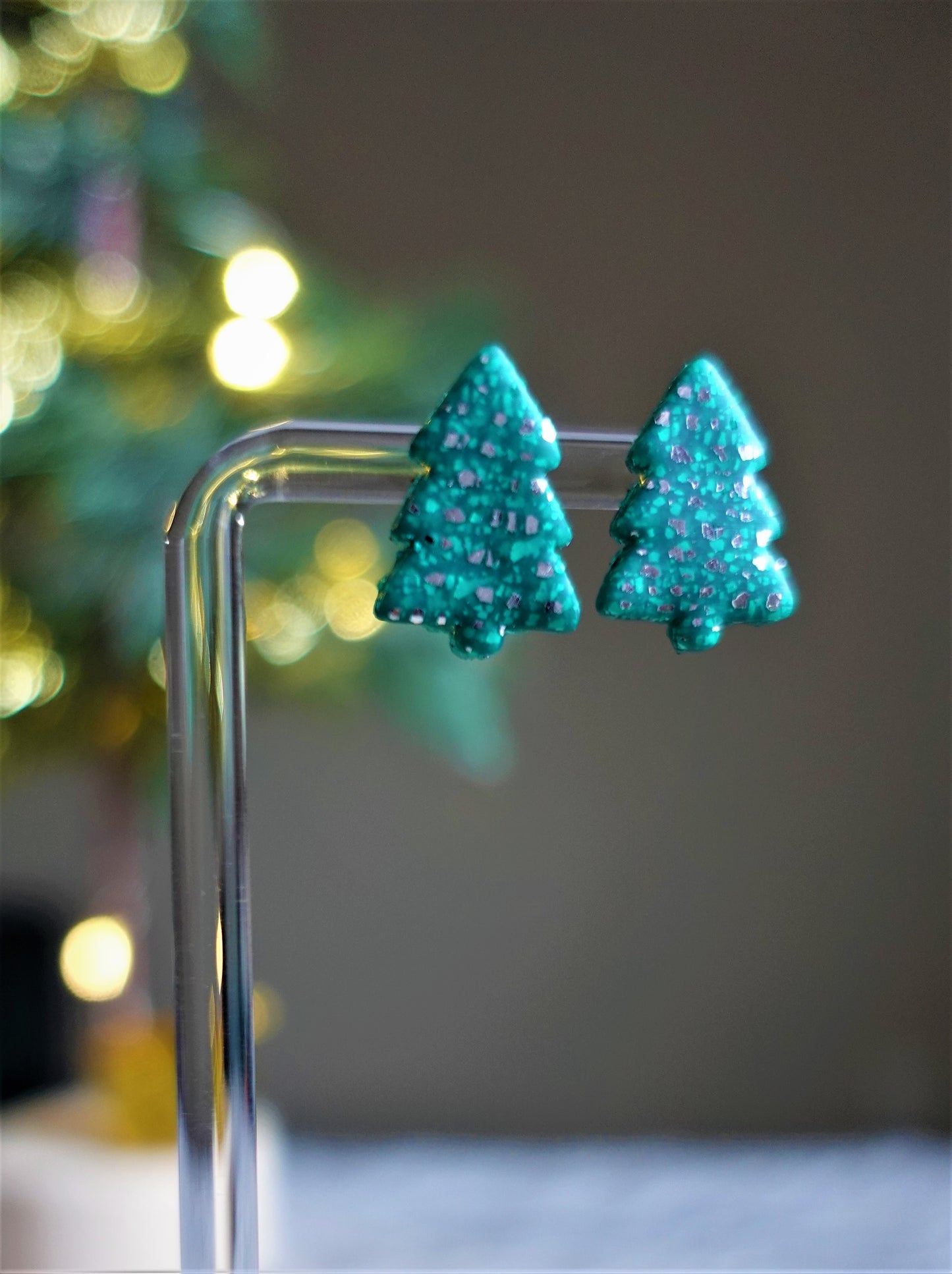 green christmas tree studs glittered with silver