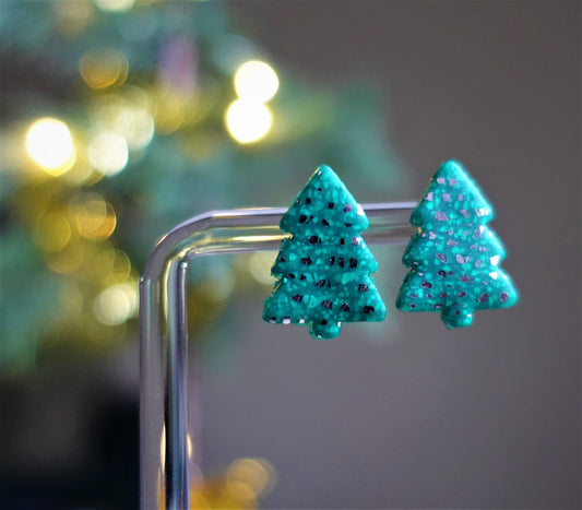 green christmas tree studs glittered with silver