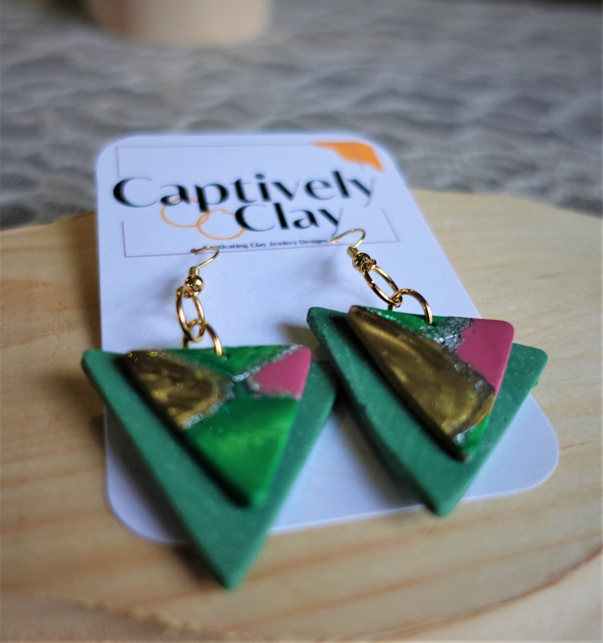 pink, green and brown triangle marbled earrings