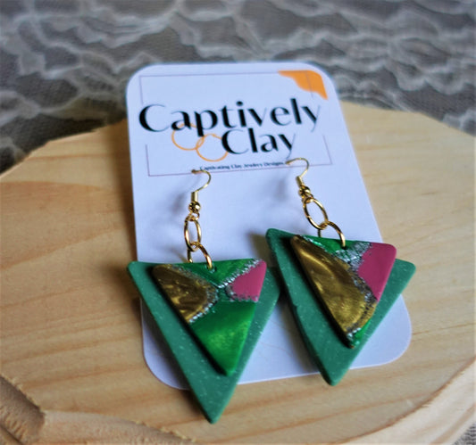 pink, green and brown triangle marbled earrings