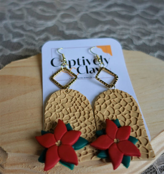 beige earrings with red and green 3d poinsettias and gold components