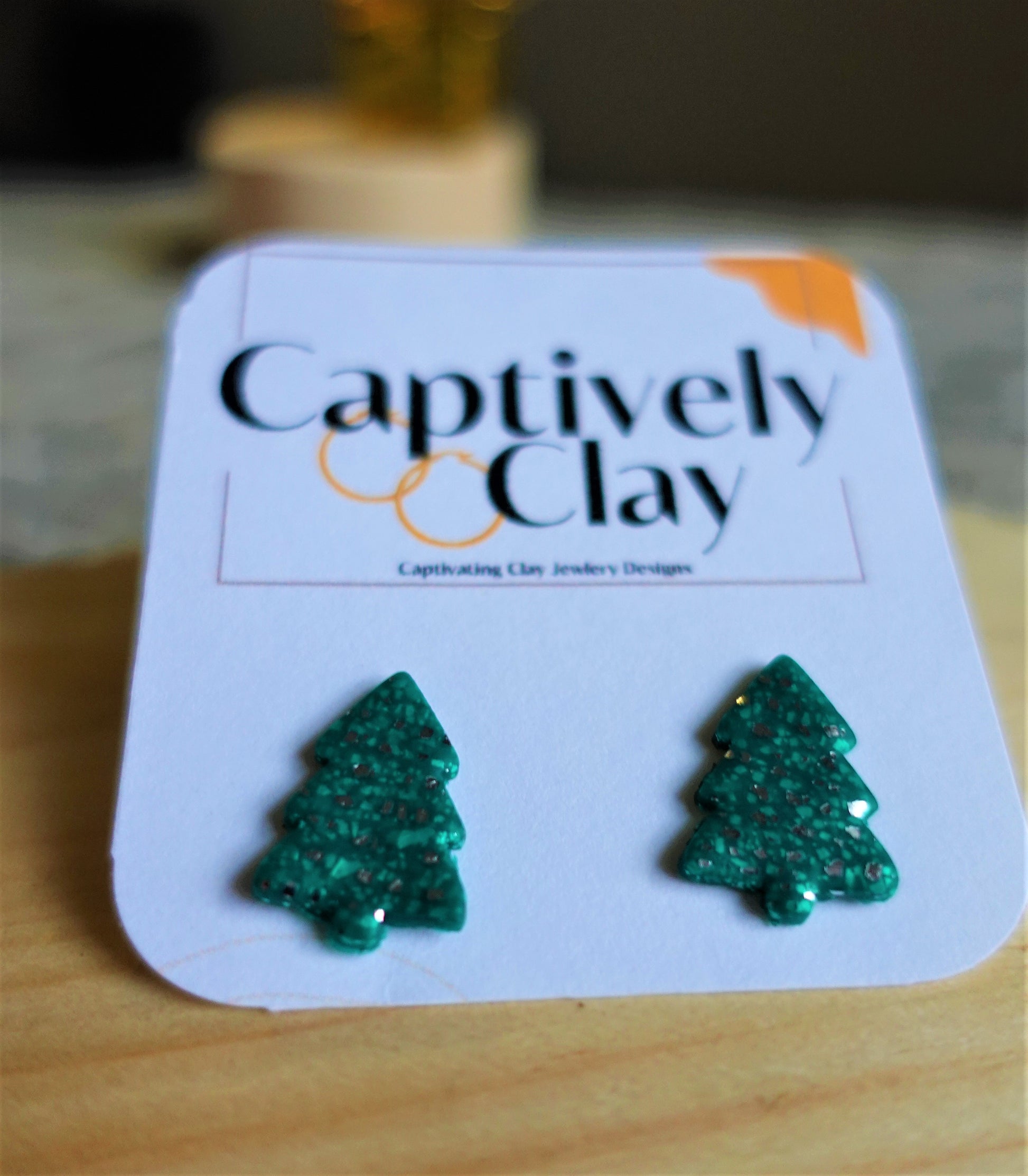 green christmas tree studs glittered with silver