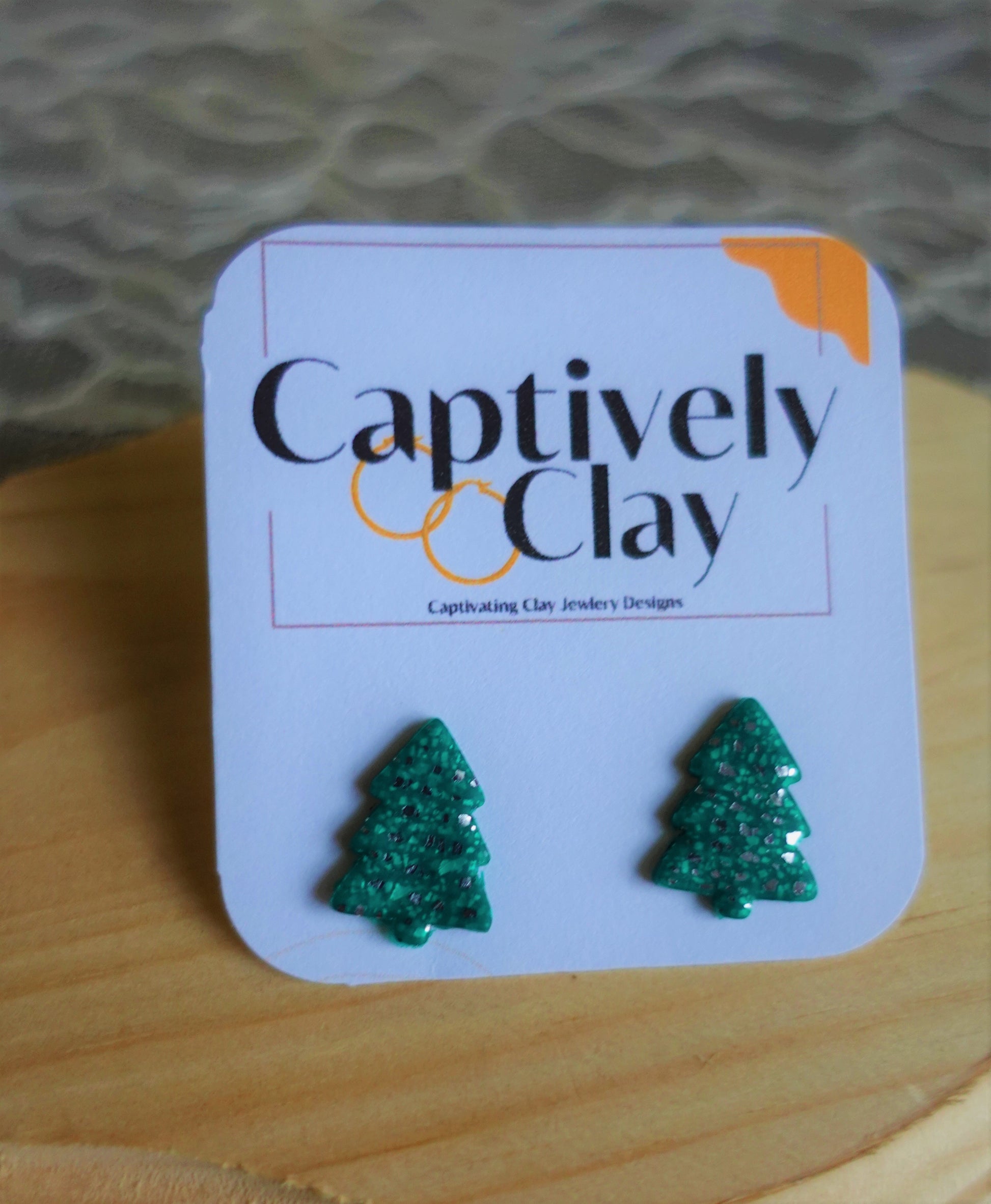 green christmas tree studs glittered with silver