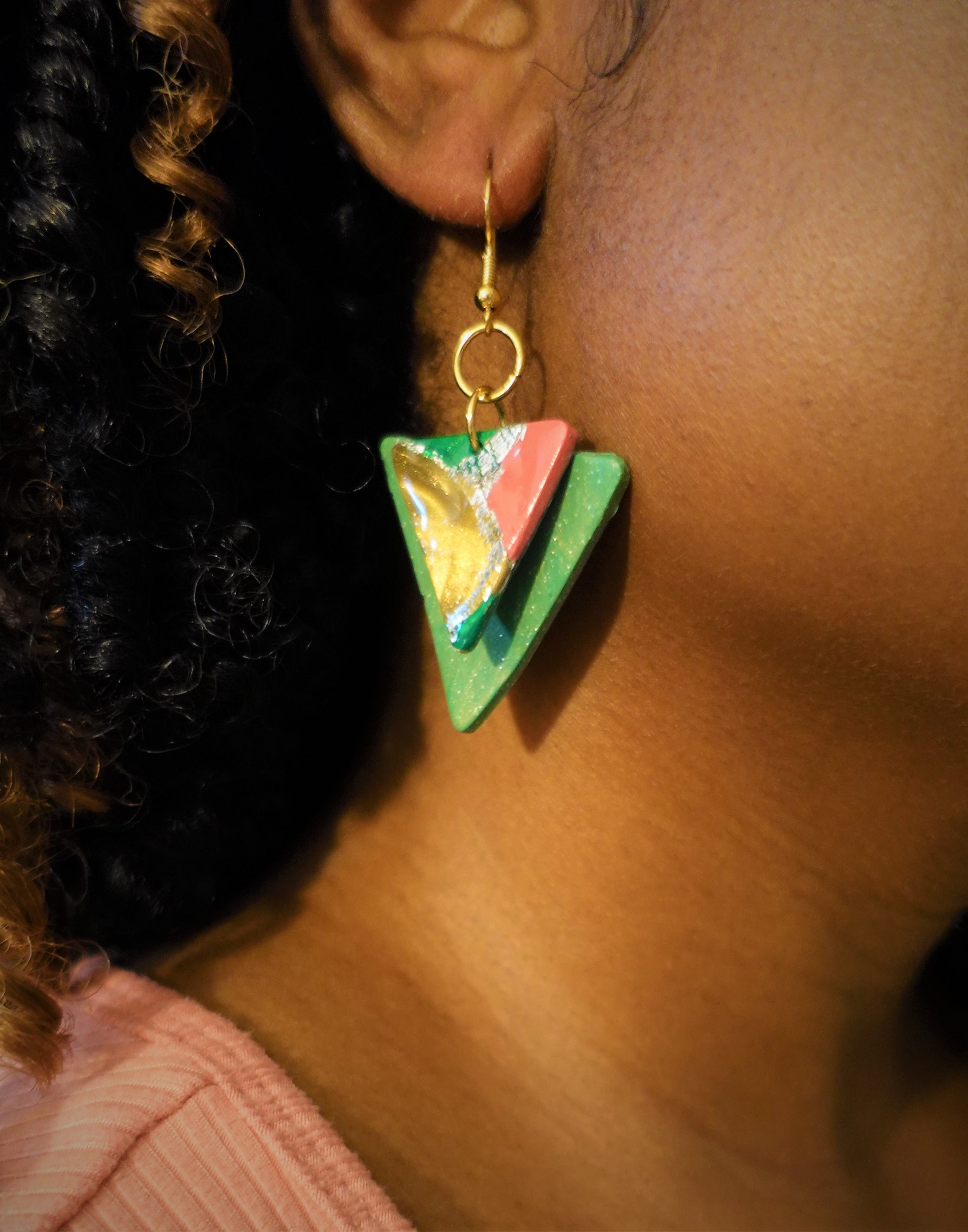 pink, green and brown triangle marbled earrings